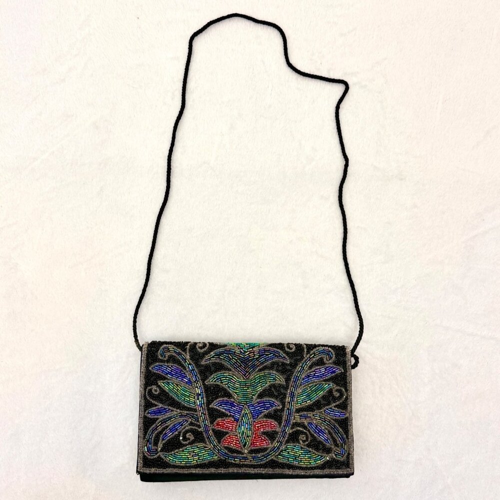 Vintage 1960s Beaded Clutch w/Attached Shoulder Strap 8" x 5" Black